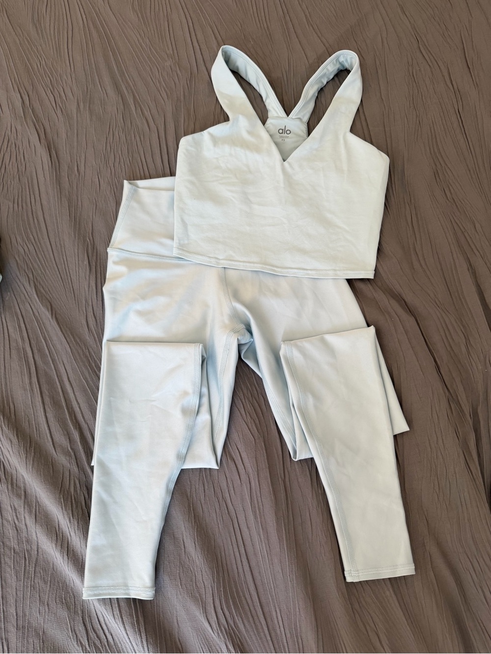 Alo Light Blue Cropped V-Neck Sports Bra & Legging Set